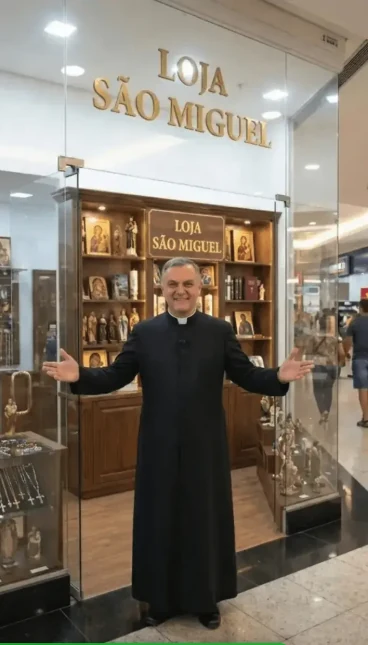 Sacerdote em frente à Loja São Miguel oficial